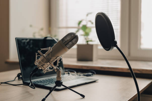 istock On the air concept - microphone with filter and laptop computer. Podcast recording 2203791620