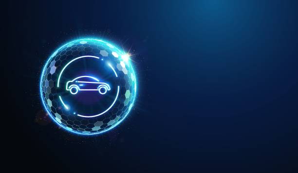 istock Car Side Icon in Protection Shield. Abstract geometric illustration depicting vehicle property insurance service against risks concept by wireframe mesh on blue background 2203793035