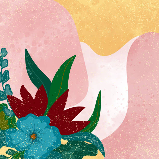 istock Stylish floral texture composition with bright flowers and green leaves on an abstract background. Modern digital illustration for design, cards, and decor. 2203794746