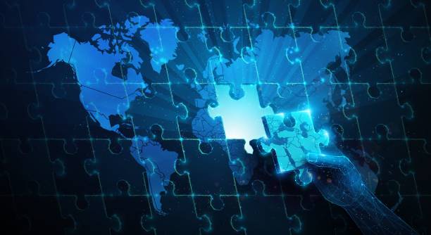 istock Lowpoly Hand Resolve Middle East Crisis World Map Puzzle. Abstract geometric illustration on geopolitical synergy partnership, global crisis management concept by wireframe mesh on blue background 2203798493