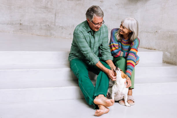 istock A joyful couple in their 60s sits together on modern white steps, sharing a warm moment with their adorable dog. 2203798705