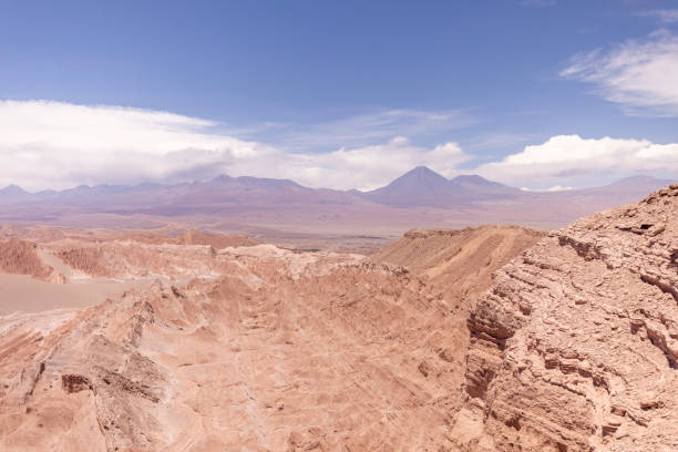 Extreme terrain and rock formations in the Valle de la Luna in the San Pedro de Atacama desert, northern Chile, with blue sky formation. Travel destination South America background with copy space