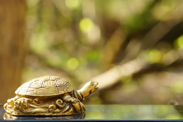 A metal turtle figurine and a mobile phone.
