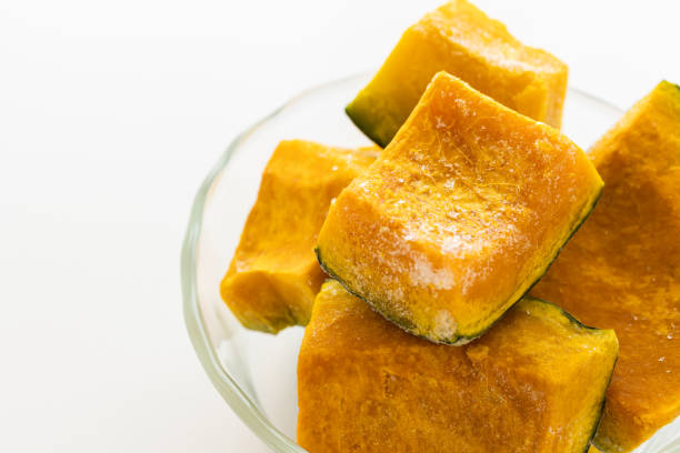 Pumpkin, frozen pumpkin, frozen vegetables, white background