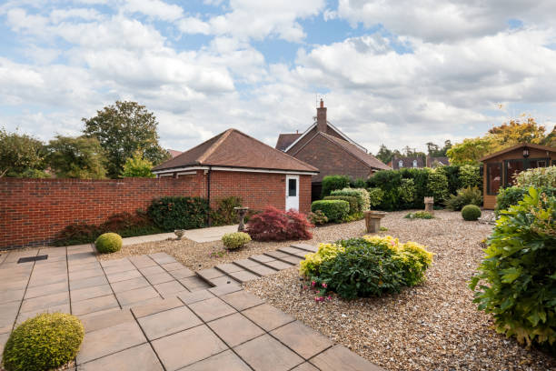 Newmarket, Suffolk - October 16 2017: Stylish house landscaped garden to modern brick built home
