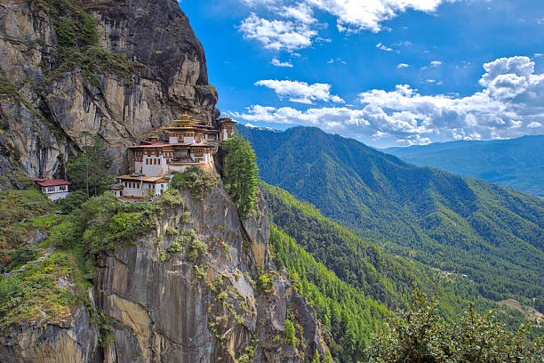 Tiger's Nest in Bhutan with the surrounding forest.