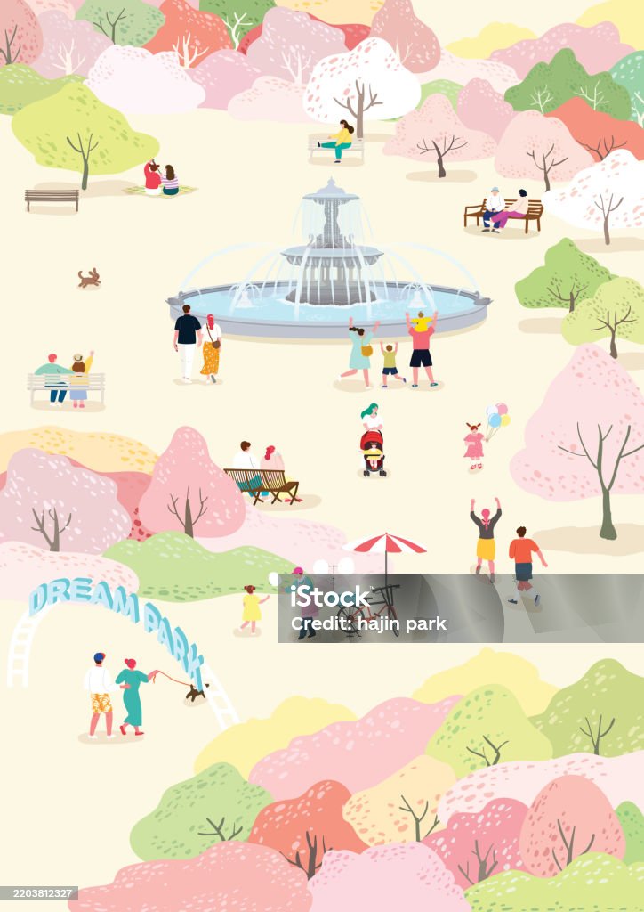 A Spring Outing People Enjoying A Break And Spring Outing In A Park With Colorful ...