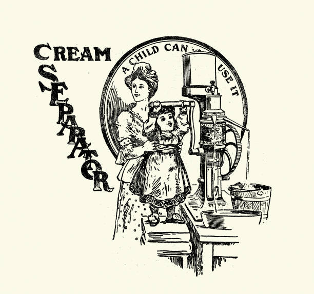 Mother and daughter using a Victorian cream separator, also known as a milk separator, is a specialized machine designed to efficiently separate whole milk into two distinct components: cream and skimmed milk, 1890s, 19th Century Vintage illustration