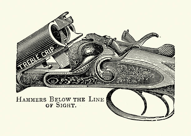 History of guns, shooting, Double barrel shotgun, Two triggers and hammers, Victorian, 1890s, 19th Century Vintage illustration