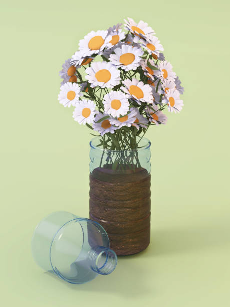 Vibrant flowers stand tall in a recycled container filled with soil, on green background, showcasing eco-friendly gardening efforts.
