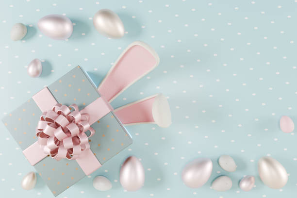 A decorated gift box with bunny ears, surrounded by pastel Easter eggs on a light blue background. 3d rendering