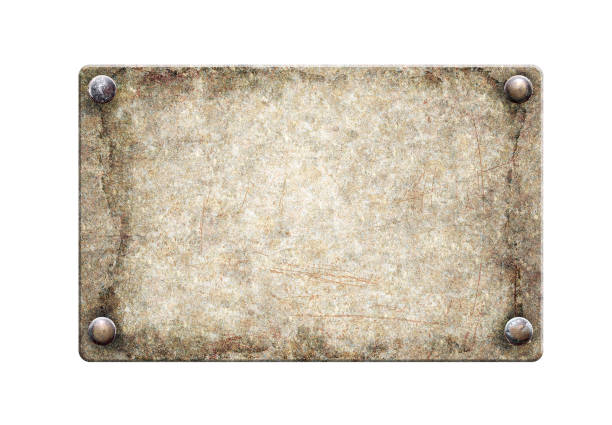 istock Old metallic plank with rivets. Vintage metal plate with nails. Isolated on white background. Can be used for steampunk, retro and vintage design. Mock up template. Copy space for text 2203832873