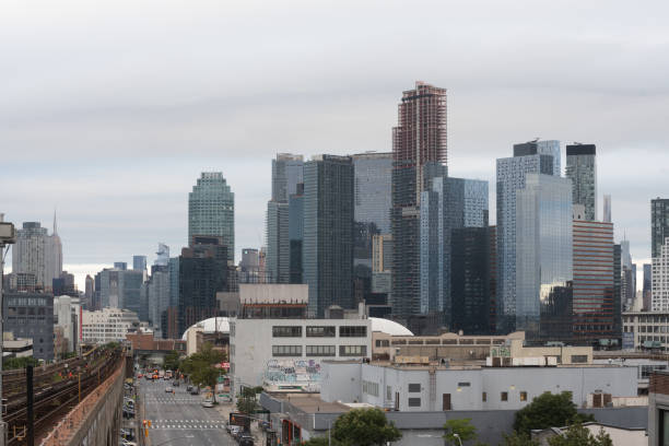 This is a view of Long Island City buildings in Queens, New York on an overcast morning.