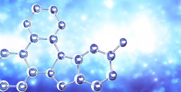 istock Horizontal banner with model of abstract molecular structure. Background of blue color with glass atom model. Copy space for your text. 3d render 2203833292