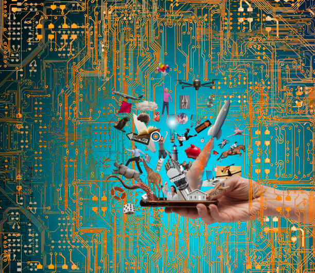 Conceptual image of hand serving diversity of world on a plate and computer network overlay against blue background