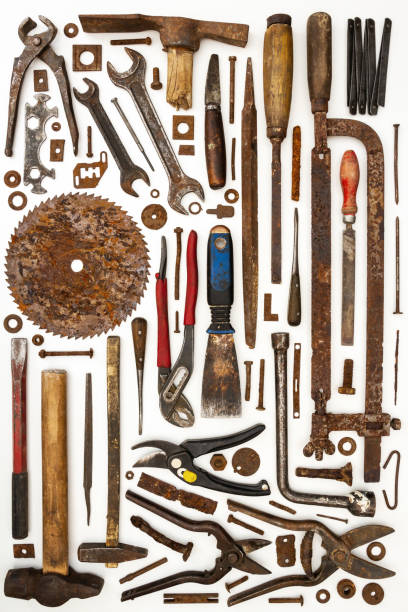 istock Flat lay of old hand tools on white background. 2203835268