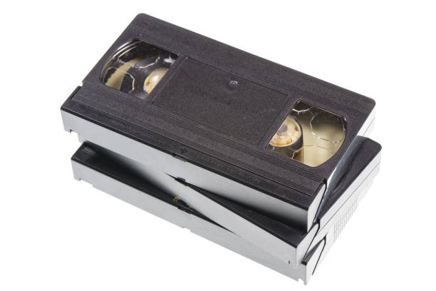 A stack of vintage VHS tapes cassettes isolated on white background