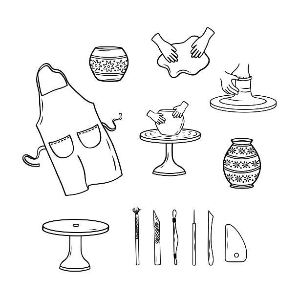 A set of pottery tools, an apron, equipment, vases, tools. A collection of wooden tools for making clay sculptures. Equipment for an art studio.Vector illustration