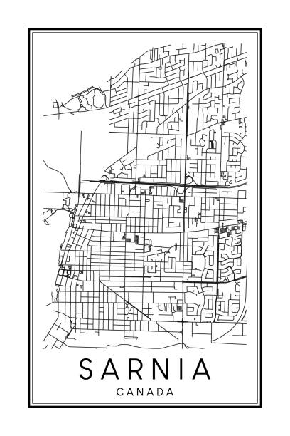 Hand Drawn Poster Print Road Map Of The Canadian City Of Sarnia Stock Hand Drawn Poster Print Road Map Of The Canadian City Of Sarnia 