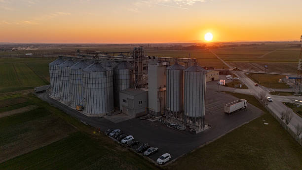 istock Grain Storage Silos and Vehicles Along a Rural Road at Sunset 2203859787
