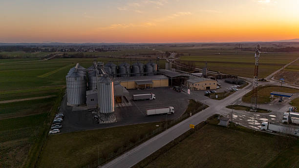 istock Grain Storage Silos and Vehicles Along a Rural Road at Sunset 2203859790