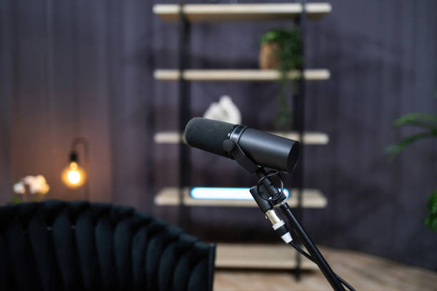 istock Professional microphone setting up for podcast recording in home studio 2203861345