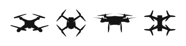 Fpv drone vector silhouette icons. Quadrocopter air drones icon set.
