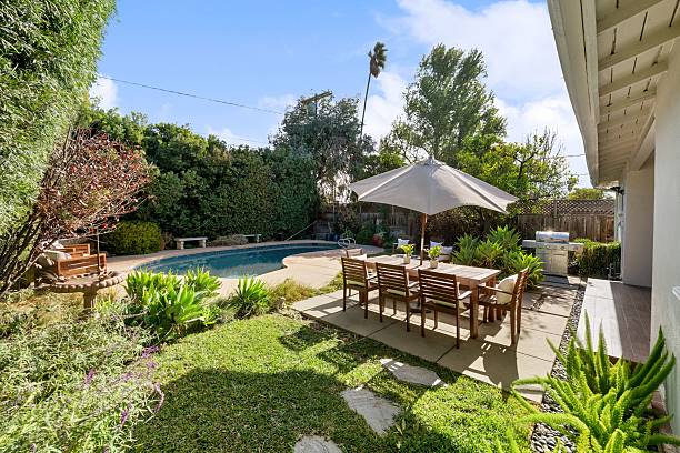 istock Resort-style backyard with a pool and lush landscaping. 2203875683