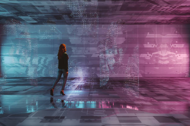 istock Young woman walking in VR environment 2203882069