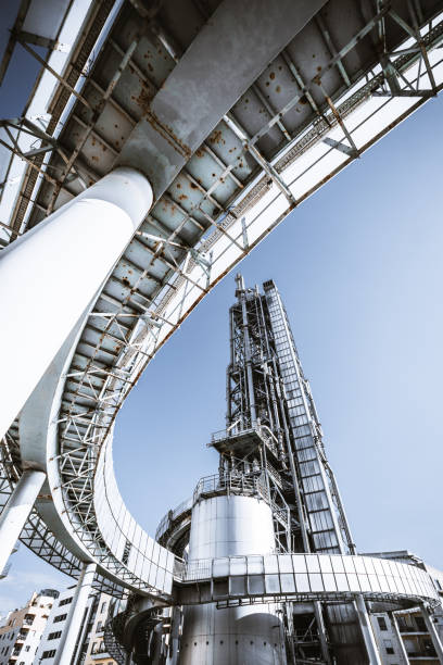 Wide-angle view of an industrial oil refinery structure with metal pipelines, a towering distillation column, and rusted steel framework under a clear blue sky, showcasing heavy industry architecture