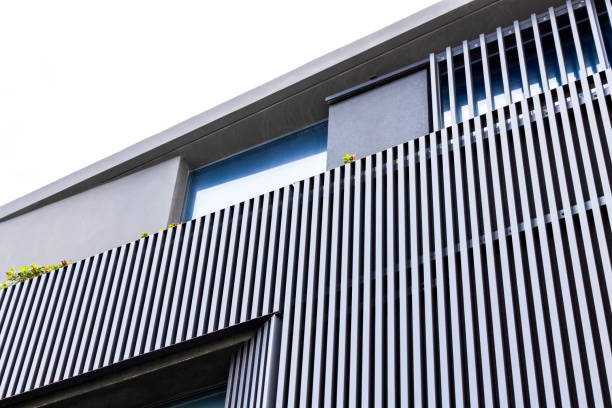 Closeup top part of modern house, background with copy space, full frame horizontal composition