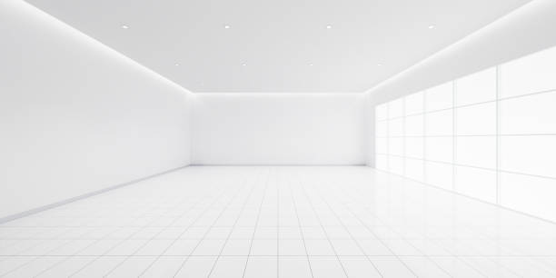 istock 3d rendering of white empty room with tile floor suit for background. 2203886314