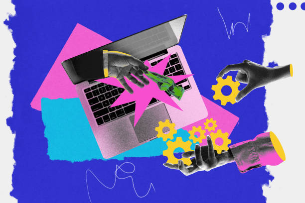 istock Monetization strategy. Hands exchange money through laptop, others assemble gears. Revenue generation 2203888404