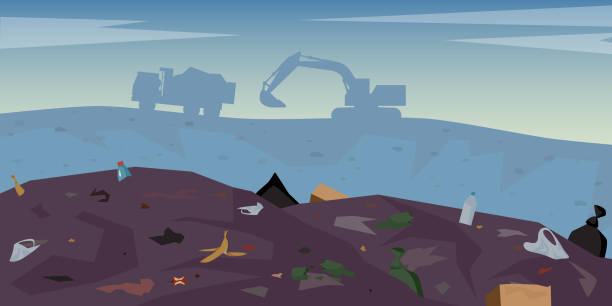 ilustrații de stoc cu basculantă și excavator pe grămadă de gunoi. - haldă de deşeuri
