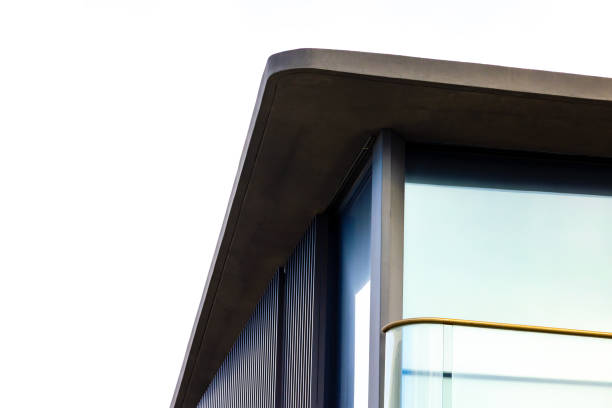 Closeup top part of modern house, background with copy space, full frame horizontal composition
