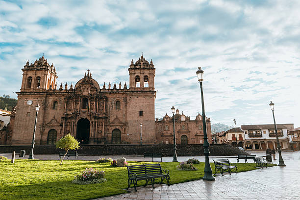 istock Historic Cathedral with Stunning Sky in Quiet Plaza 2203889685