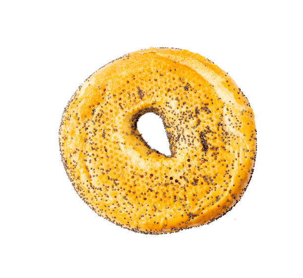 Poppy Seed Bagel Bottom Side Isolated, One Round Bread Bun, Poppyseed Wheat Bakery for Breakfast, Plain Circle Bagel Bread on White Background
