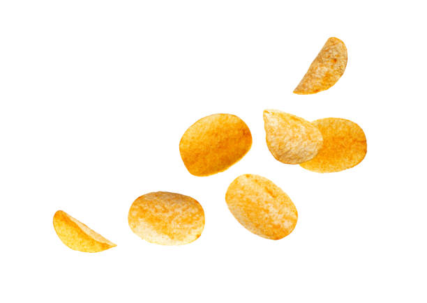 istock Potato chips falling isolated. Crispy thin flying potato snack, fast food snacks with spices 2203891114