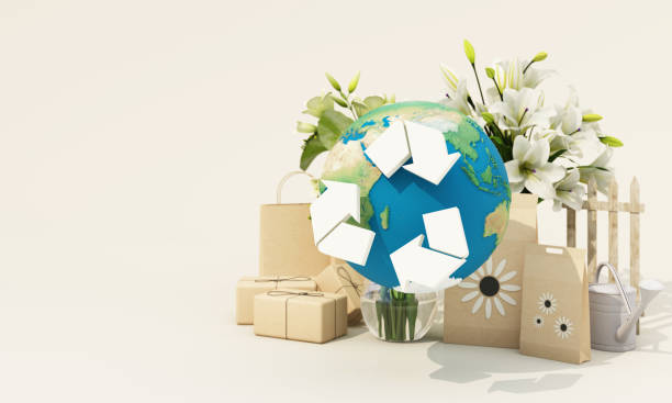 3d Render Cardboard Shopping Bag with Recycling Symbol, Shopping discount days concept, Object + Shadow Clipping Path