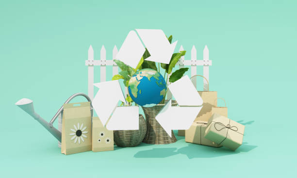 Recycled plastic bottles are creatively placed in a circular formation around a vibrant bouquet of daisies. This setup promotes environmental awareness and recycling initiatives.
