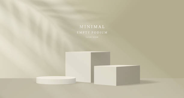 istock Realistic beige 3D cube and cylinder podium pedestal set with natural light background. Minimal wall scene for products stage showcase, promotion display. Platform vector geometric forms group design. 2203897566