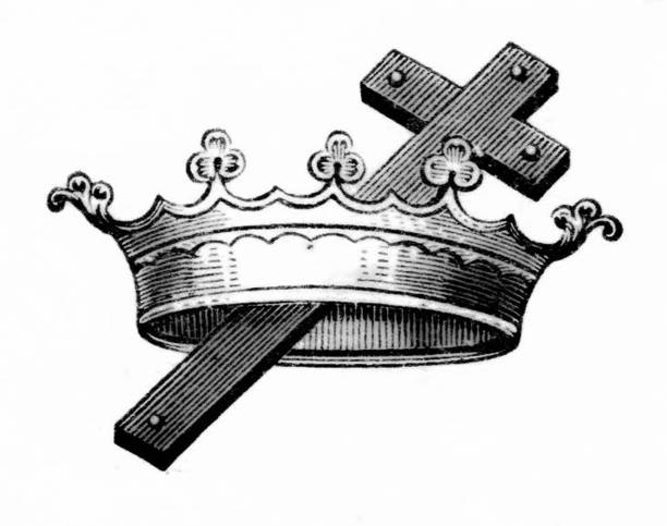 A crown, the headwear of a king.  A wooden cross representing the crucifixion of Jesus Christ. Engraving published 1890. Original edition is from my own archives. Copyright has expired and is in Public Domain.
