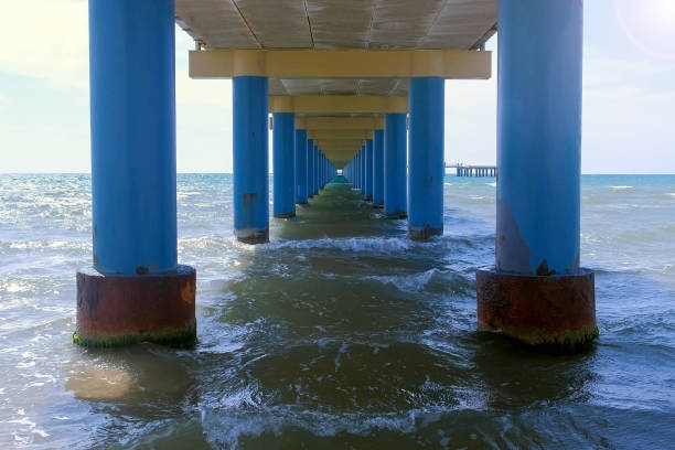 Sea under pier among parallel blue columns making narrow corridor in water.