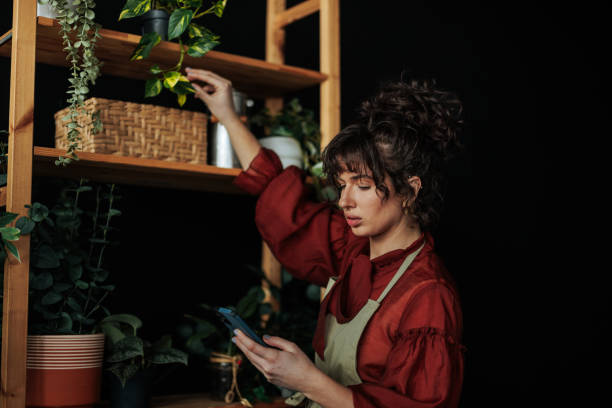 istock Florist managing plants and using smartphone in flower shop 2203914246