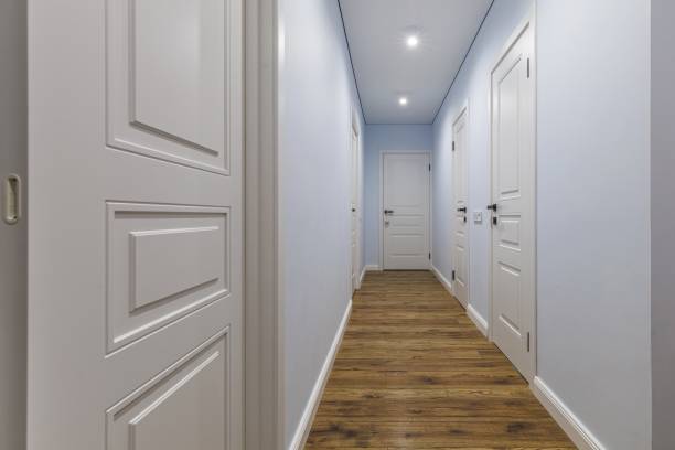 istock Modern Hallway with White Doors and Wooden Flooring 2203916368