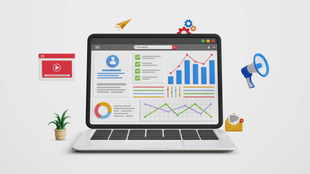 istock KPI dashboard, CRM, business data charts analysis and report concept. Financial data and statistics, KPI system, sales data. 3D laptop screen with customer relationship management system dashboard 2203924016