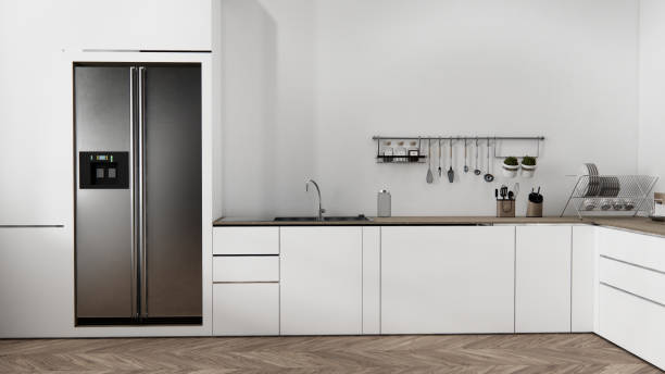 istock white kitchen room scene mockup and set shaped kitchen design. 3d rendering 2203925221