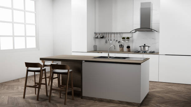 istock Kitchen bar on set kitchen shaped modern style white and wood concept. 3d rendering 2203925254