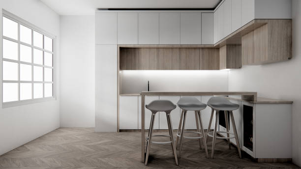 istock Kitchen bar on set kitchen shaped modern style white and wood concept. 3d rendering 2203925648