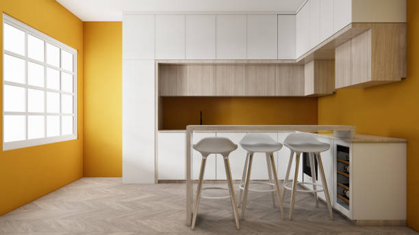 istock Mock up yellow Kitchen room mock up.3D rendering 2203925658
